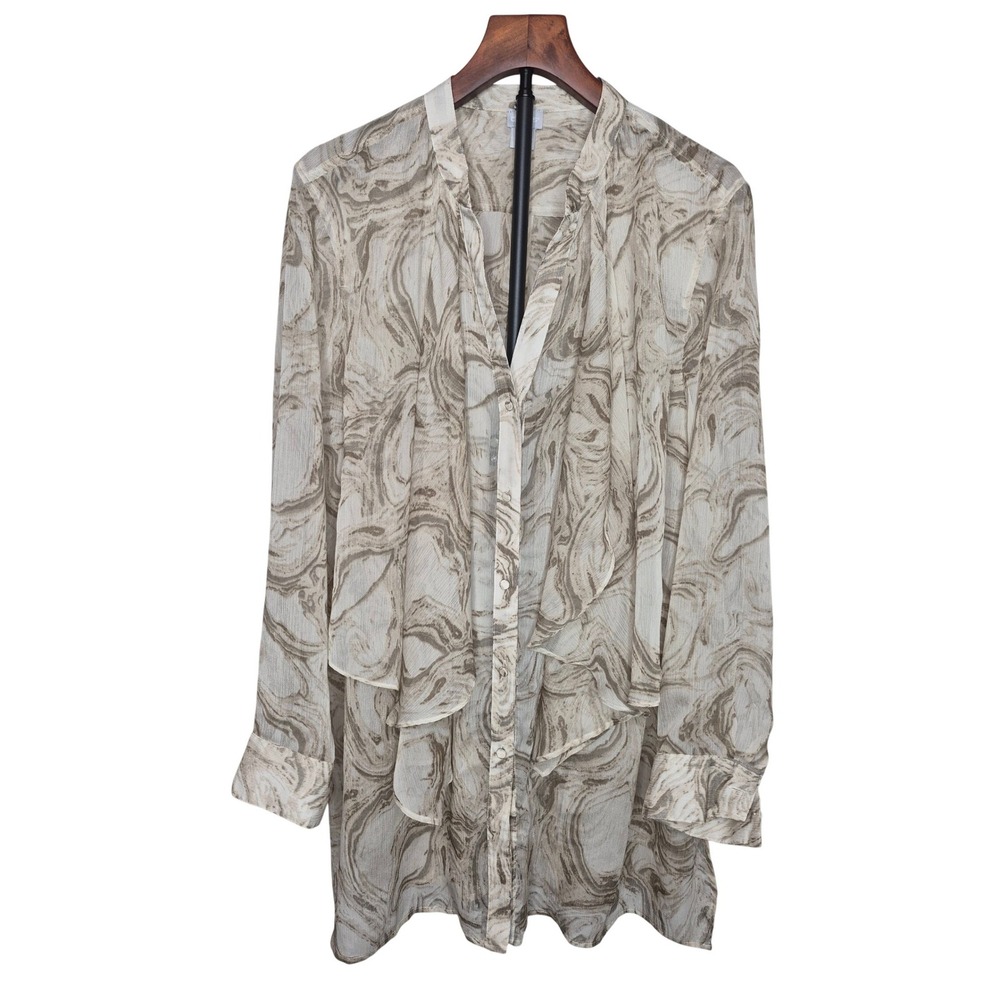 Chicos Sheer Brown Marble Print Button Down Fly Away Front Drapey Flowy Sz 4 XXL